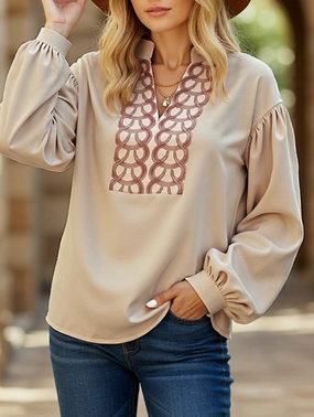 Ribbed Trim Details Patterned long-sleeved mandarin-collar shirt