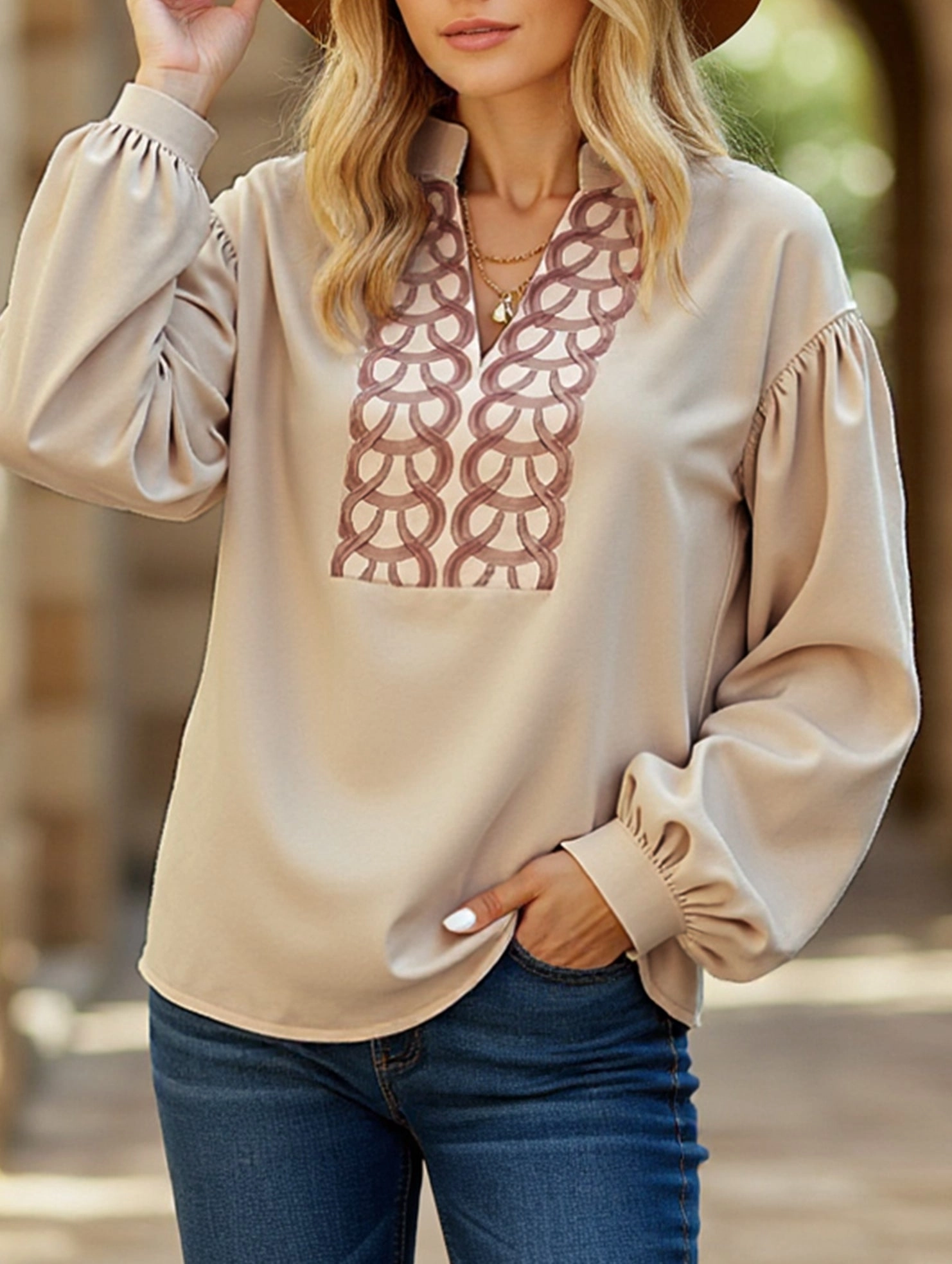 Patterned long-sleeved mandarin-collar shirt PlacketDetail