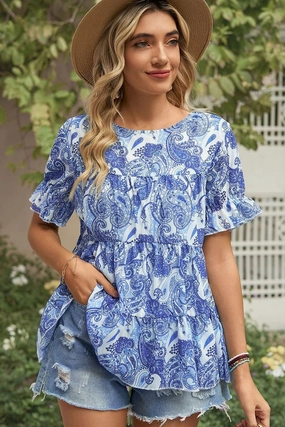 Non Irritating Label FrictionResistant Edges PATTERNED LOUND NECK CAKE CHIFFON TOP