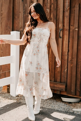 Peach Please Sleeveless Floral Midi Dress (Cream/Multi) vacation look Family Glow