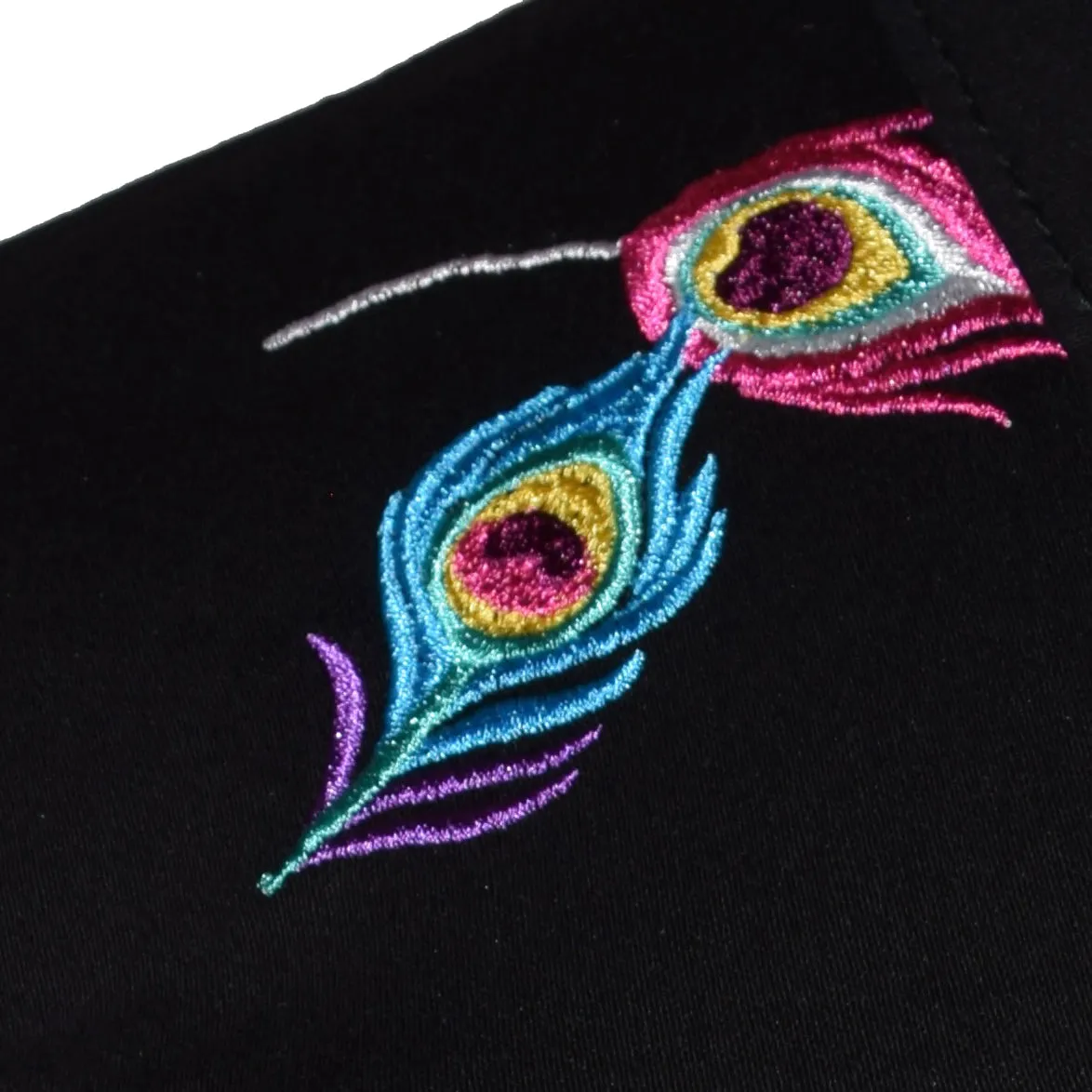 Peacock with Floral Embroidery Black Denim Jacket Med