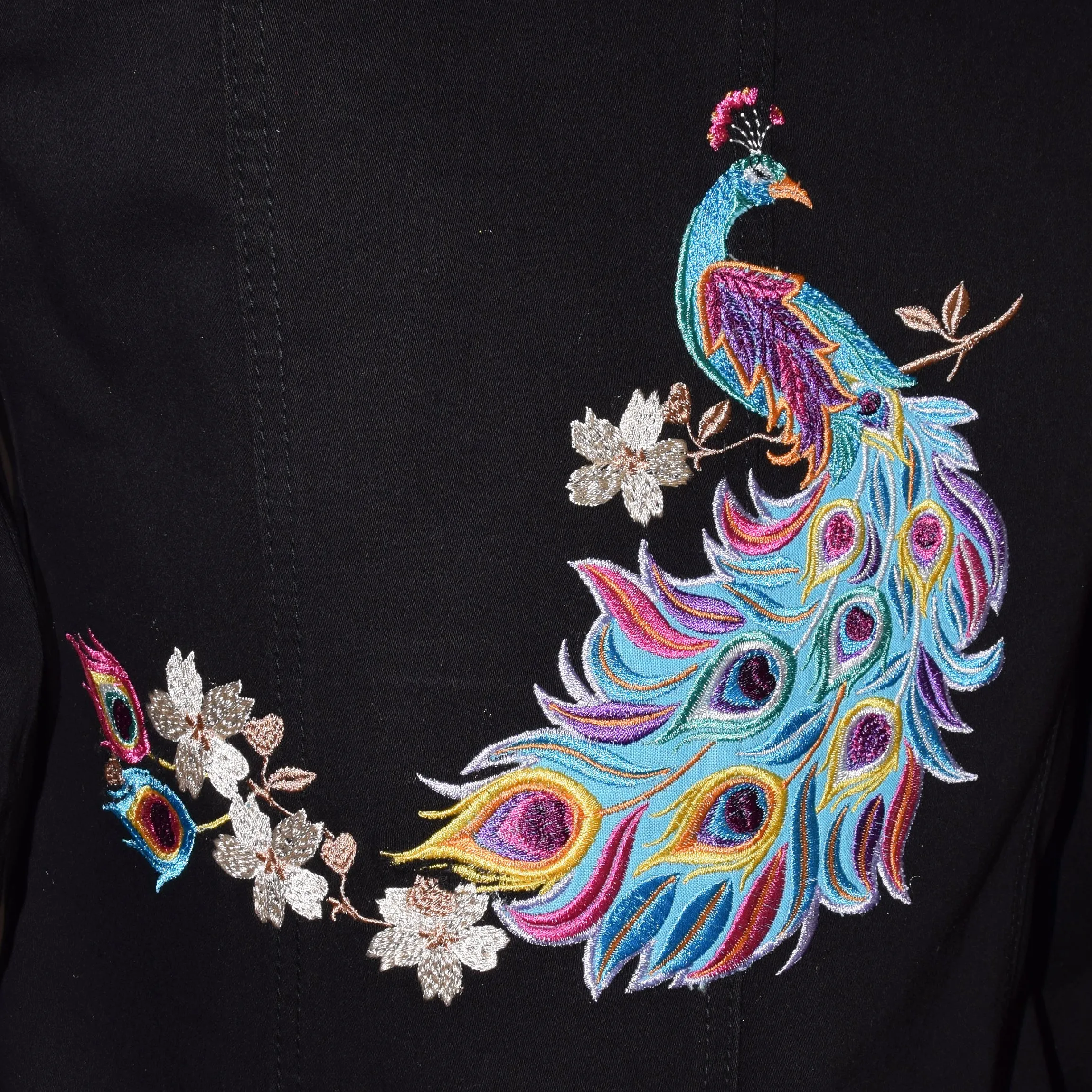 Peacock with Floral Embroidery Black Denim Jacket Med