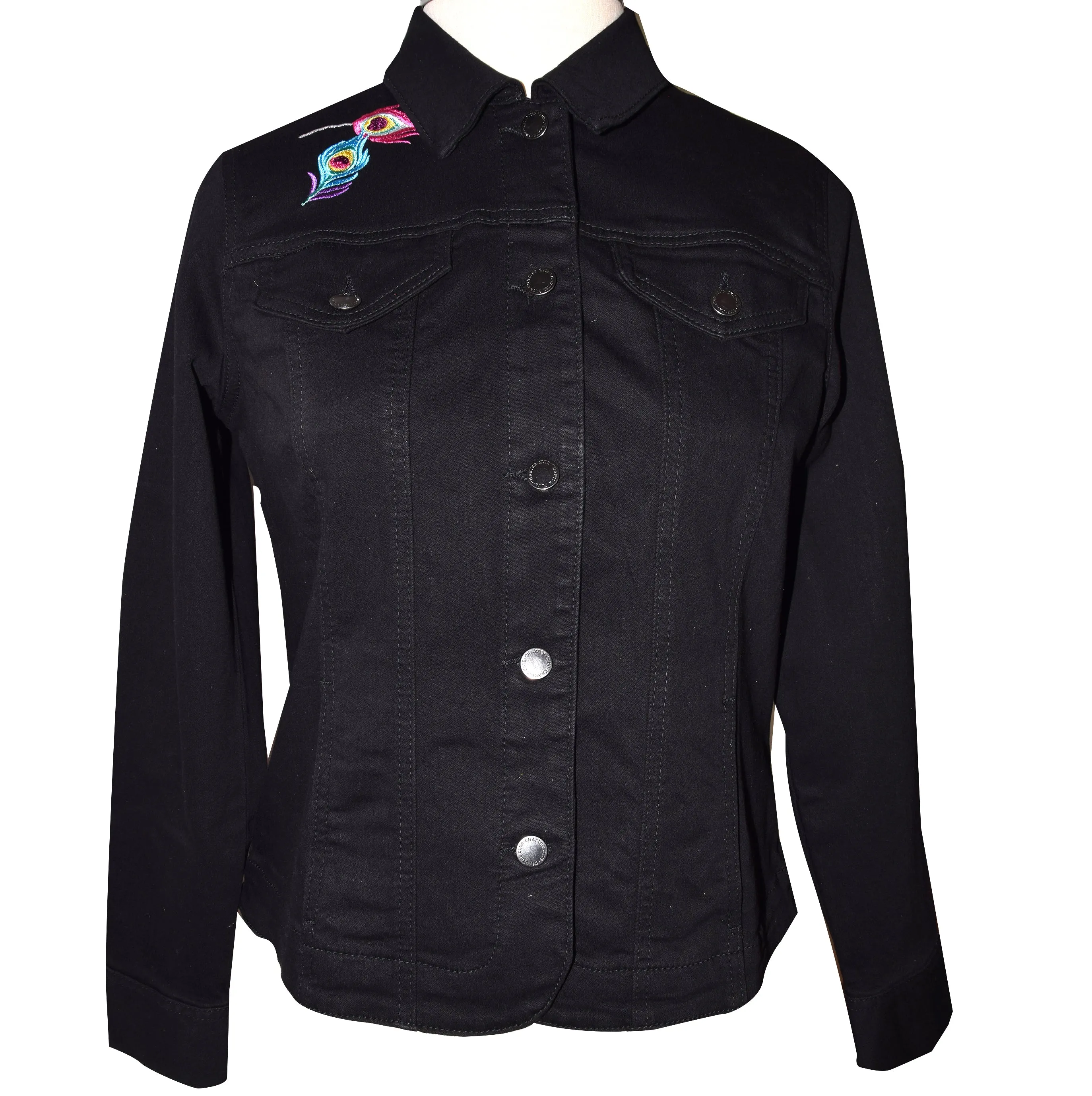 Peacock with Floral Embroidery Black Denim Jacket Med