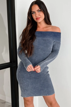 Subtle Fit Edgy Twist Peggy Off The Shoulder Sweater Dress (Dark Denim Blue)