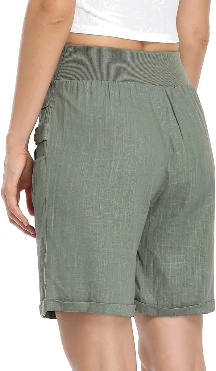 PEIQI Women's Casual Summer Cotton Linen Shorts Loose Fit Comfortable Elastic Waisted Shorts