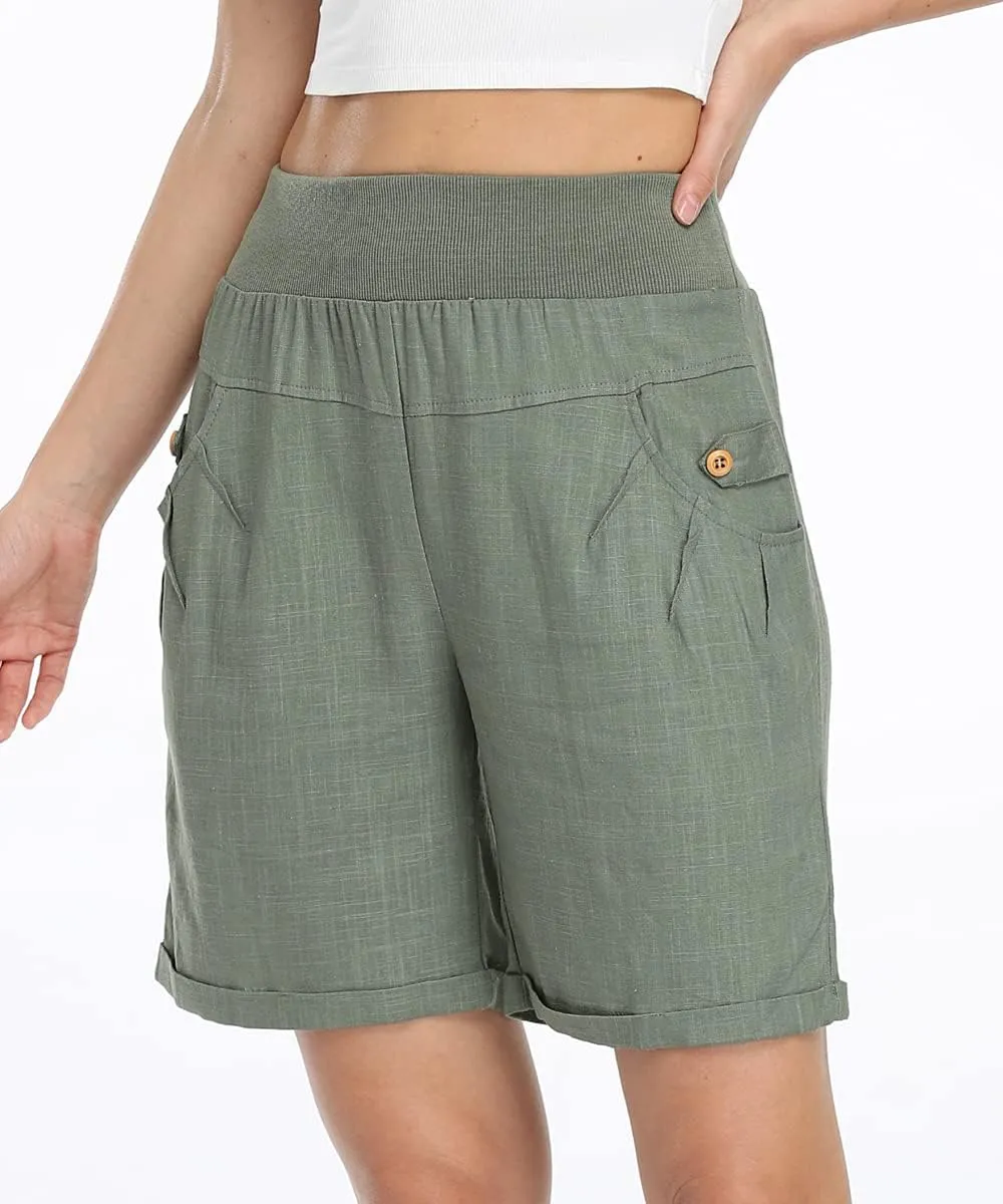 PEIQI Women's Casual Summer Cotton Linen Shorts Loose Fit Comfortable Elastic Waisted Shorts