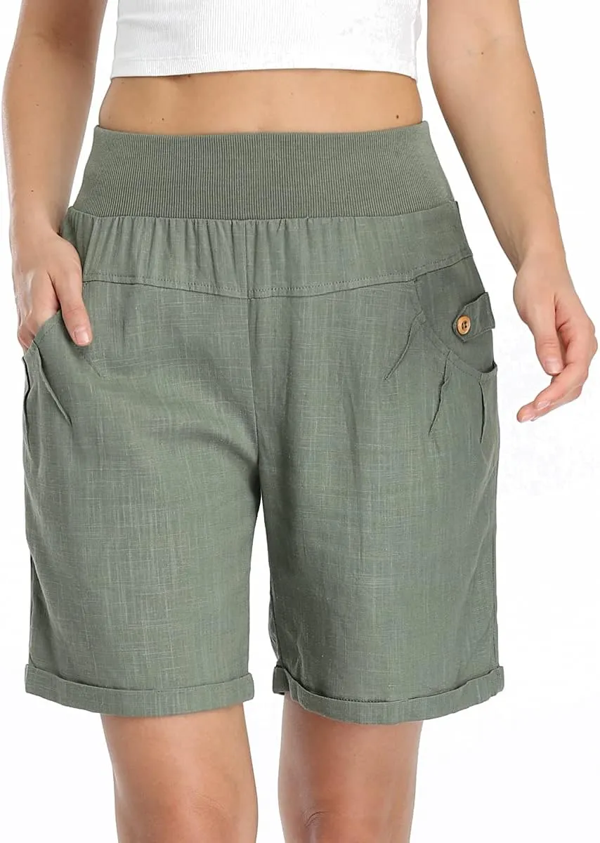 PEIQI Women's Casual Summer Cotton Linen Shorts Loose Fit Comfortable Elastic Waisted Shorts
