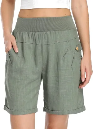PEIQI Women's Casual Summer Cotton Linen Shorts Loose Fit Comfortable Elastic Waisted Shorts