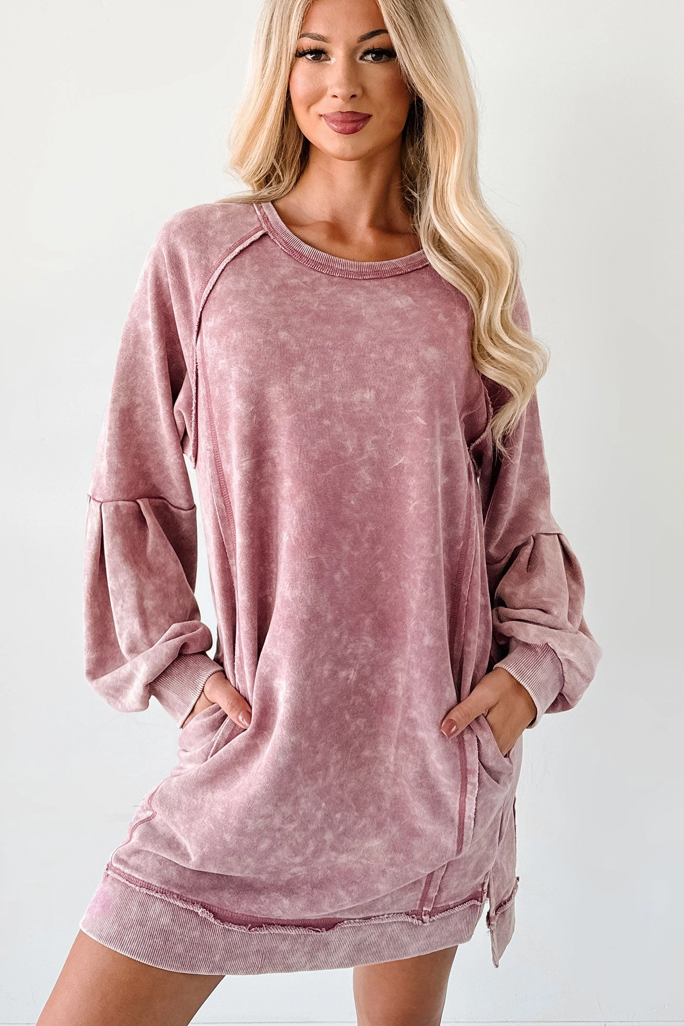 Laid-Back Glow Mineral Wash Long Sleeve Dress (Rose) Casual weekend dress