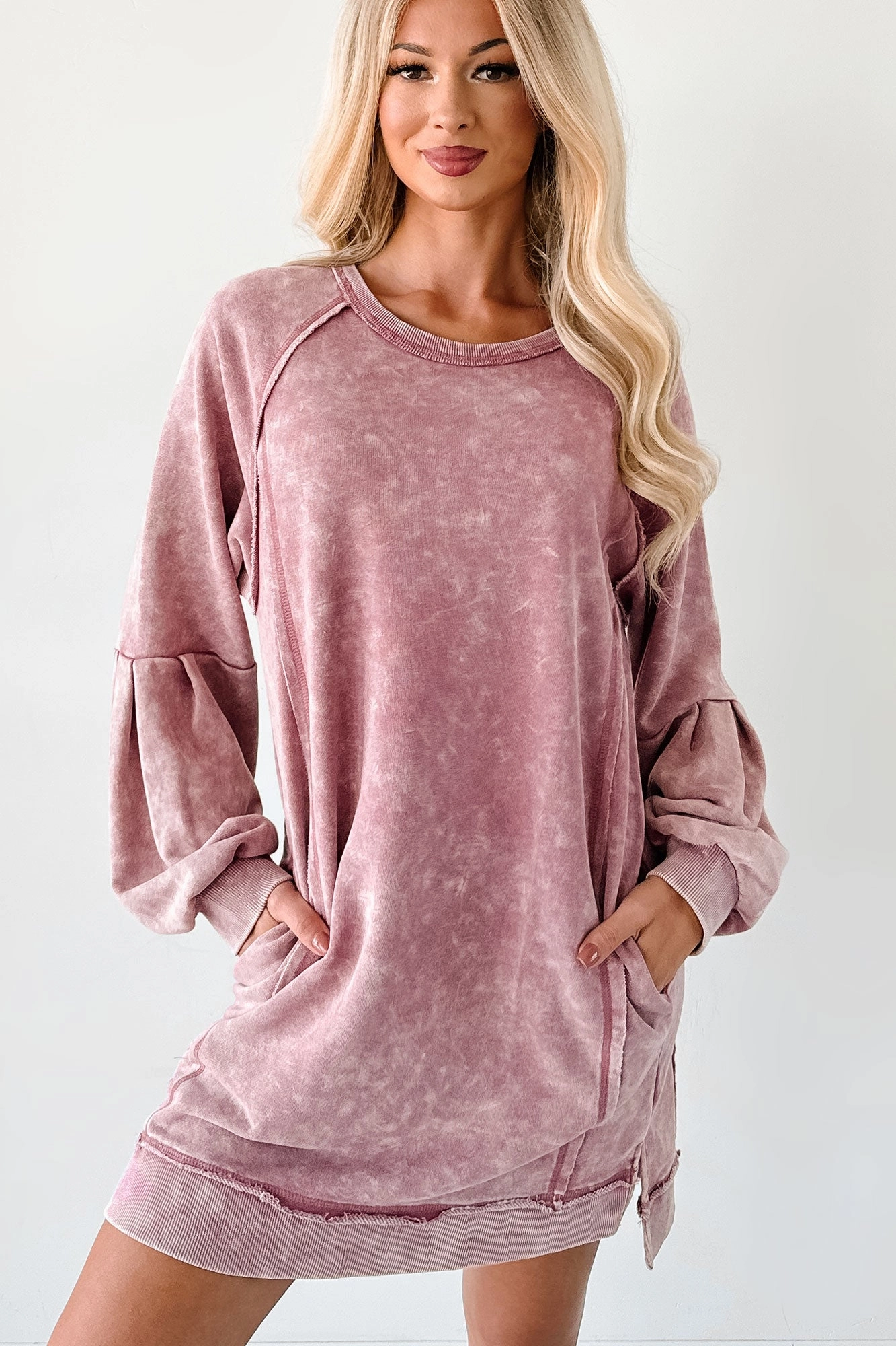 Laid-Back Glow Mineral Wash Long Sleeve Dress (Rose) Light Wear