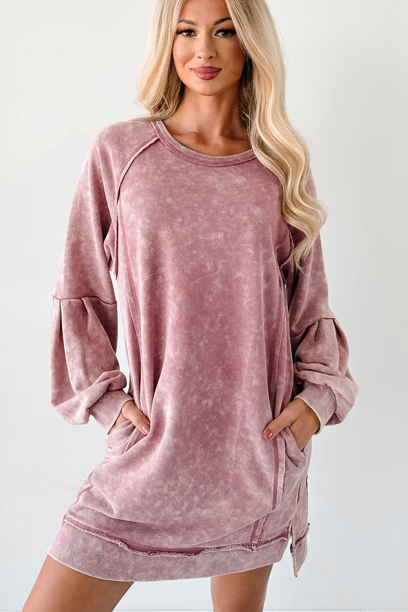 Laid-Back Glow Mineral Wash Long Sleeve Dress (Rose) Resort Ready