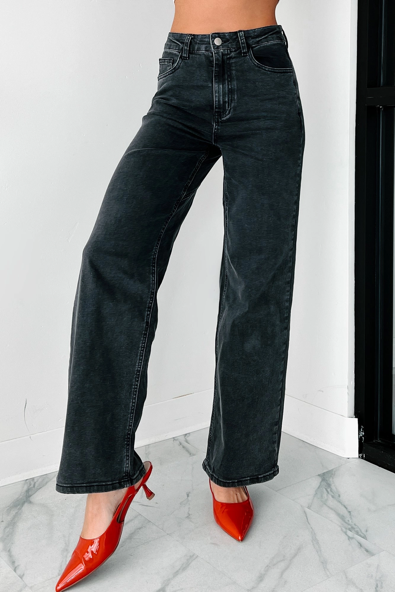 Tyelee NanaMacs Original Non-Distressed Wide Leg Jeans (Washed Black) All Season Fit Double Stitched