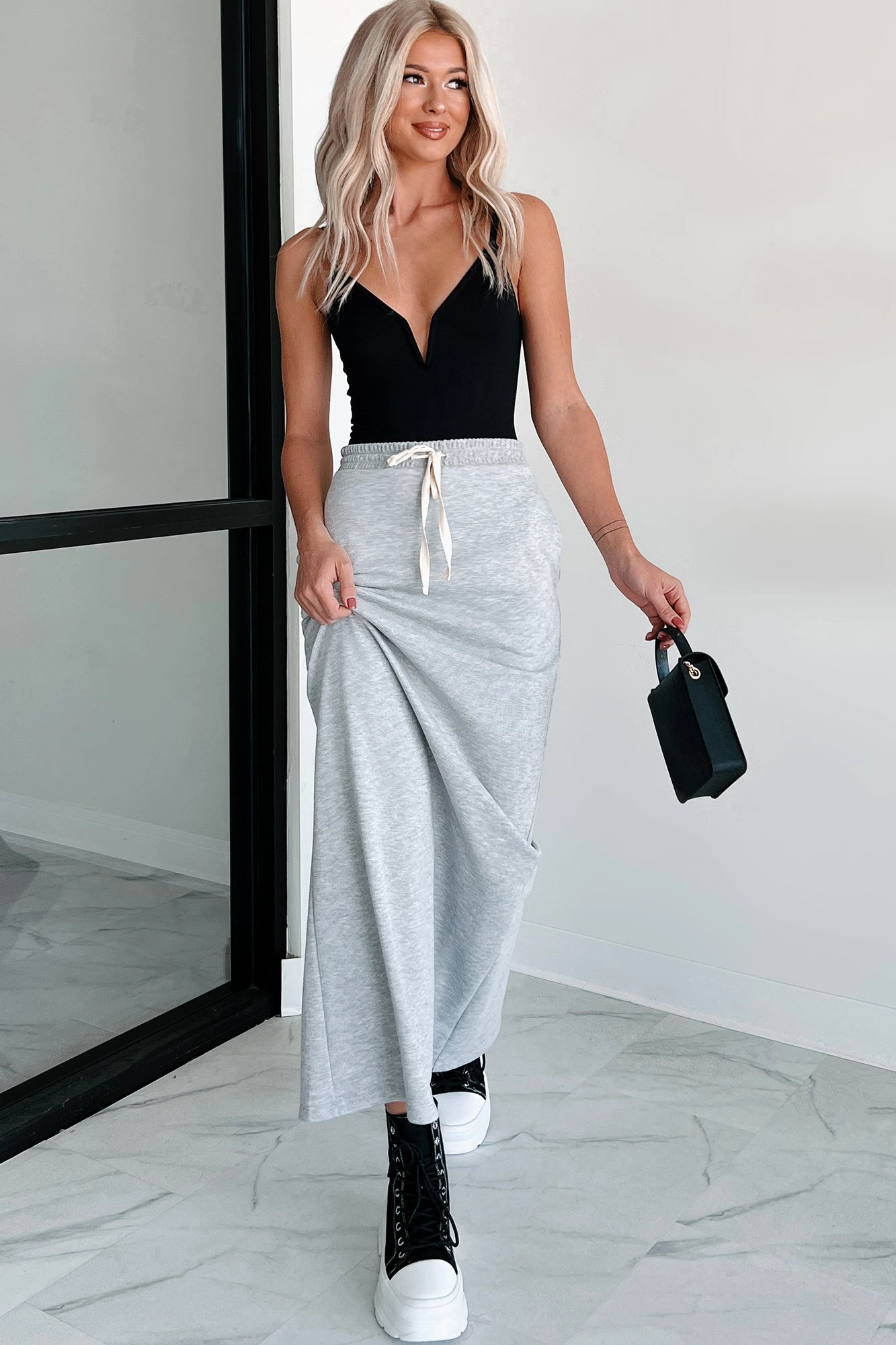 Ankle length Conquering Today Sporty Knit Maxi Skirt (Heather Grey)