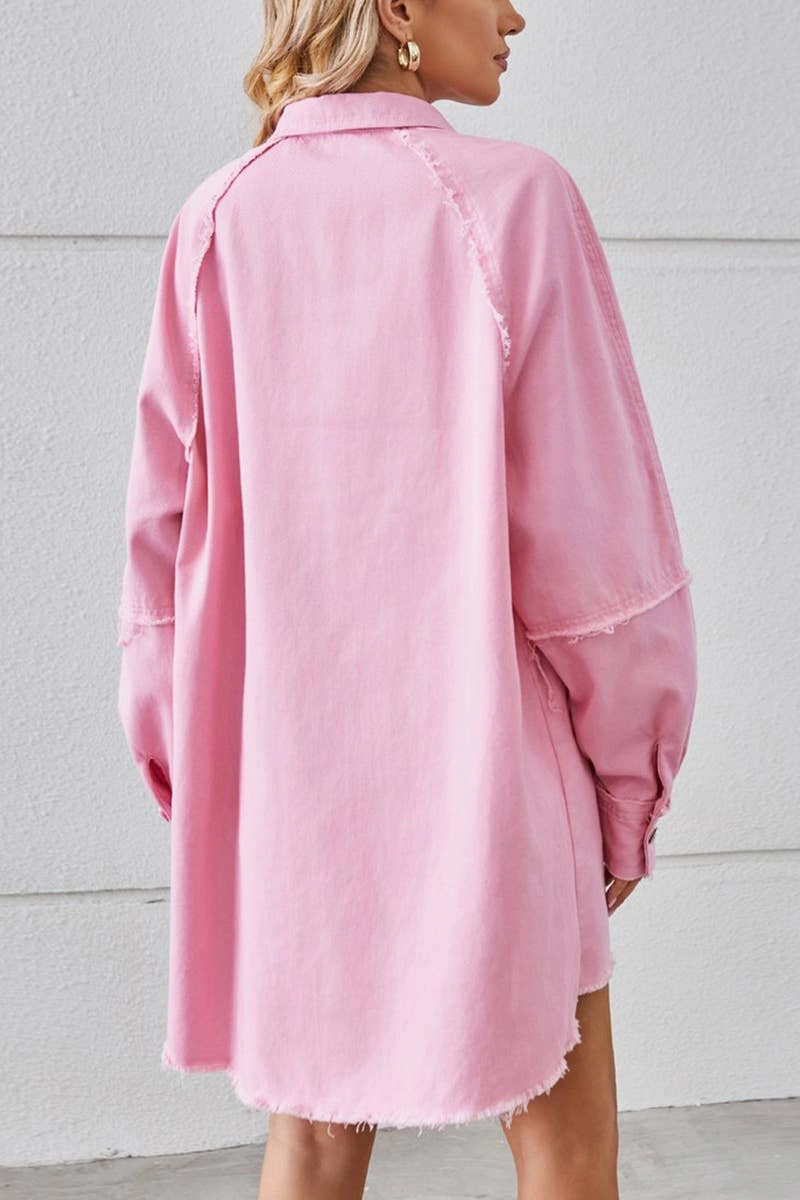 Sleek Tone Luxe Fit 2024 RAW EDGE CARDIGAN DENIM PATCHWORK SHIRT DRESS_CWDSD2577