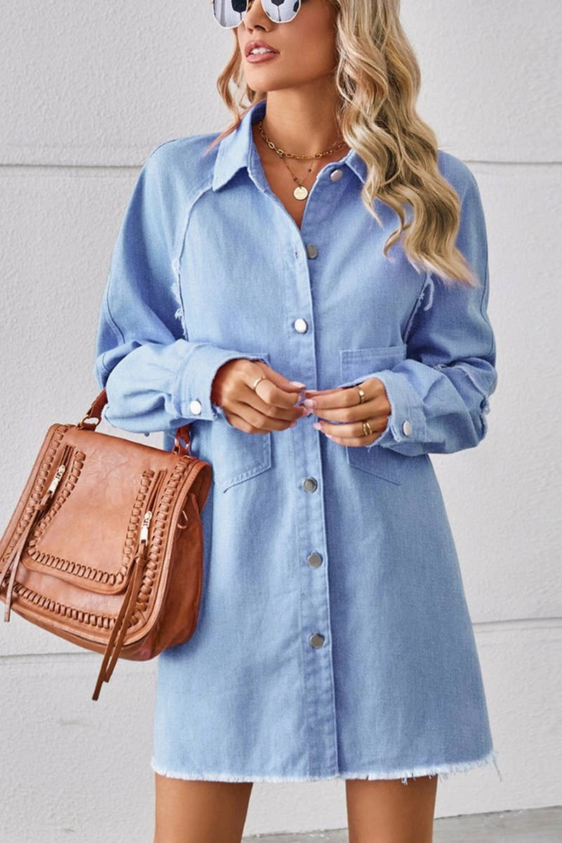 2024 RAW EDGE CARDIGAN DENIM PATCHWORK SHIRT DRESS_CWDSD2577 Neutral-Shade Formal Look