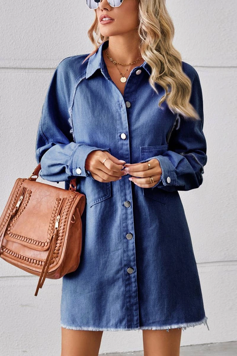 Easy Comfort 2024 RAW EDGE CARDIGAN DENIM PATCHWORK SHIRT DRESS_CWDSD2577
