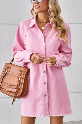 Drapey Fabric 2024 RAW EDGE CARDIGAN DENIM PATCHWORK SHIRT DRESS_CWDSD2577