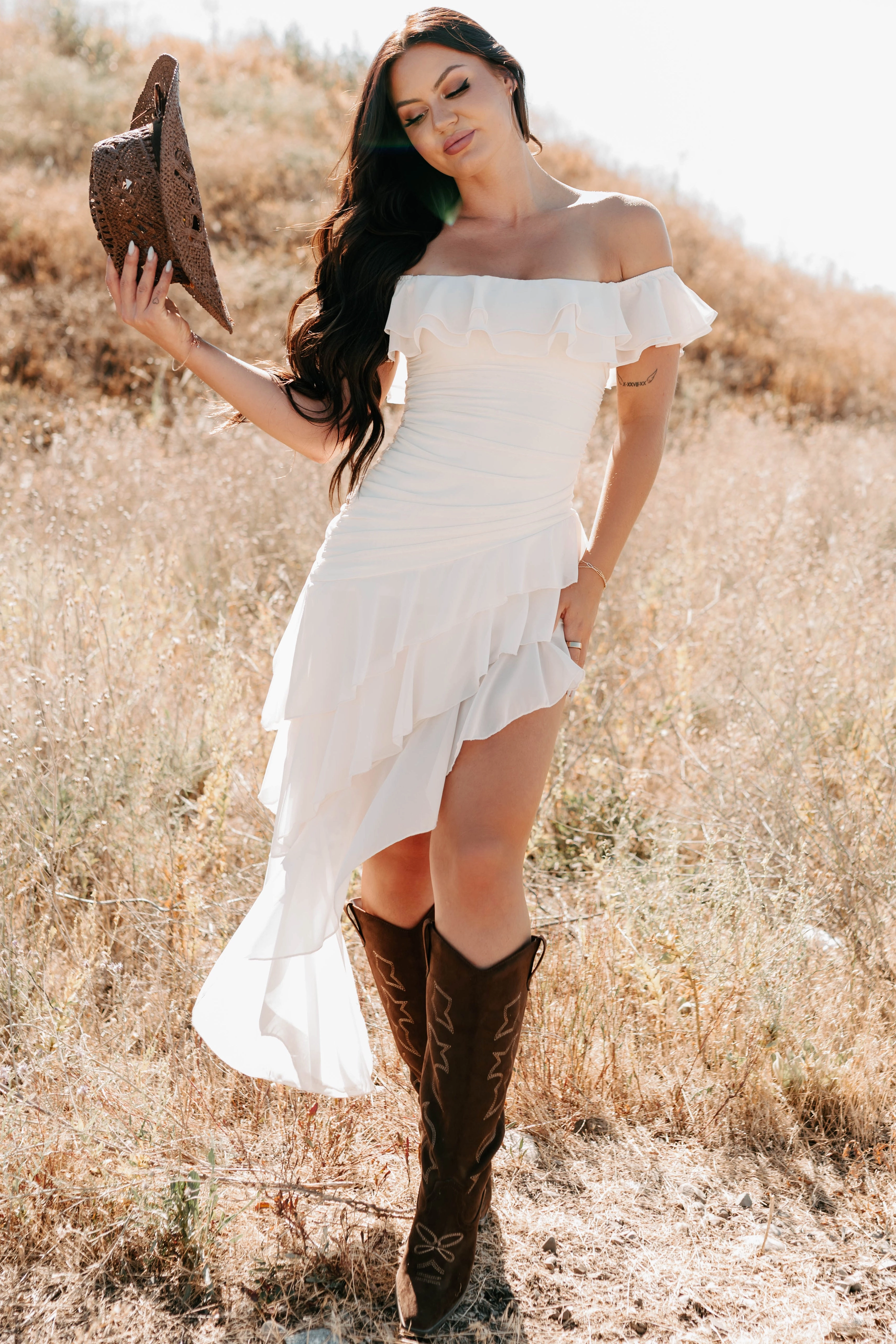 Perfectly Peachy Off The Shoulder Mini Dress (Ivory) Ruched-Detail Smart Tones