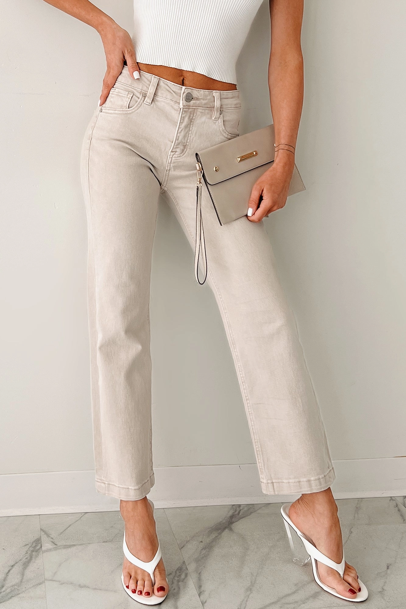 Quick Flex Manny Mid Rise Tummy Control Ankle Straight Risen Jeans (Almond)
