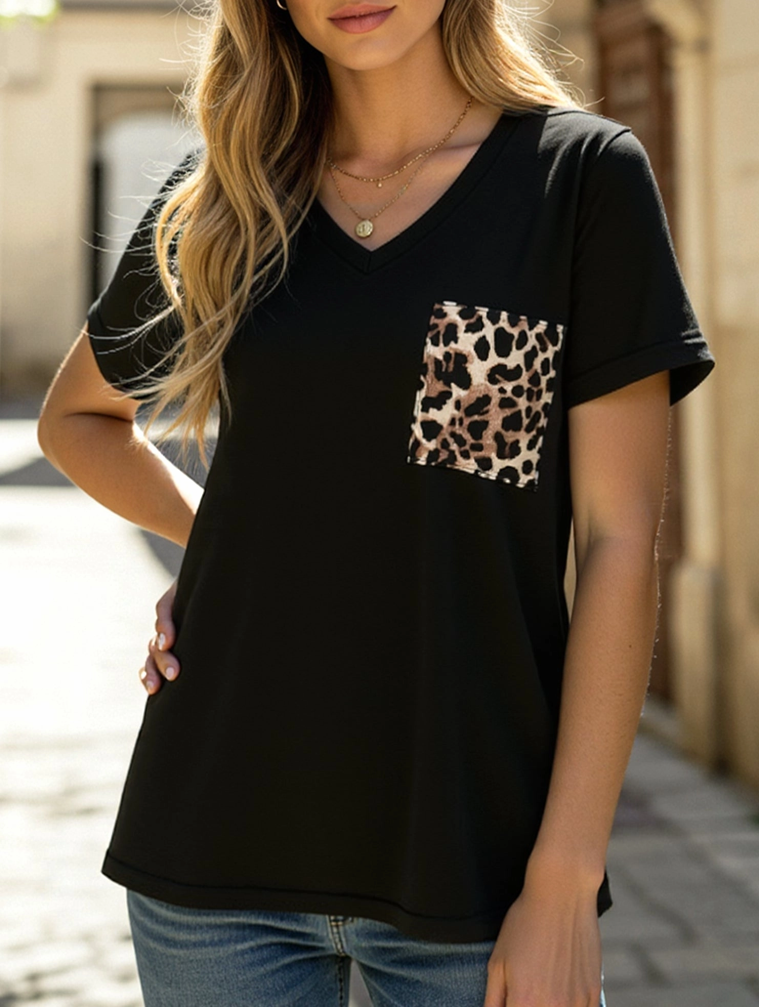 LEOPARD PATTERN BLOCKED CASUAL TOP CarbonNeutral Production