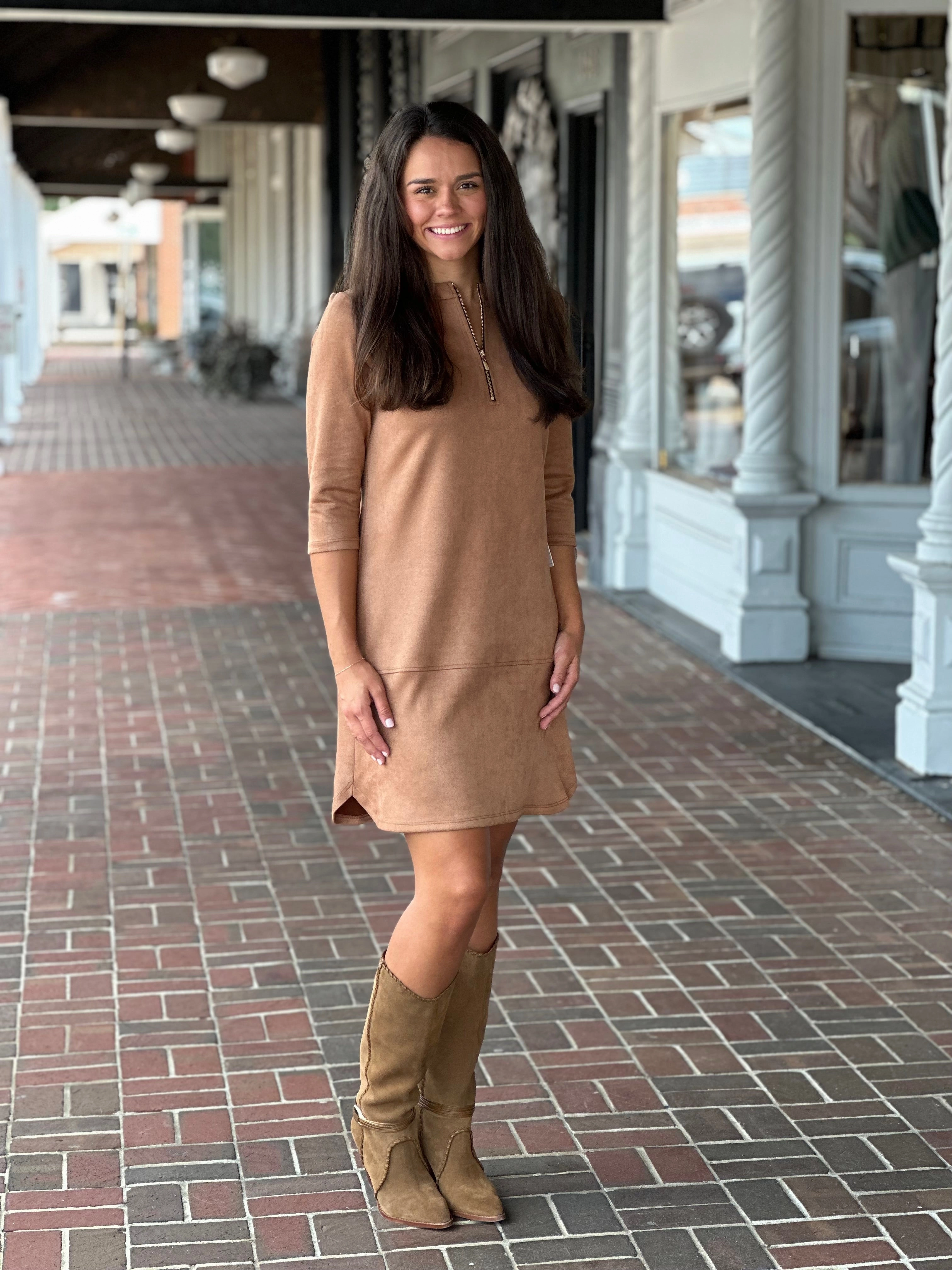 Printed-Lining Perre Mocha Suede Quarter Sleeve Dress