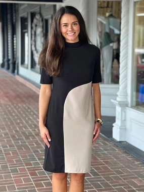 Perre Mock Neck Khaki Color-block Black Sheath Dress Smart and Sleek Relaxed Waist Fit