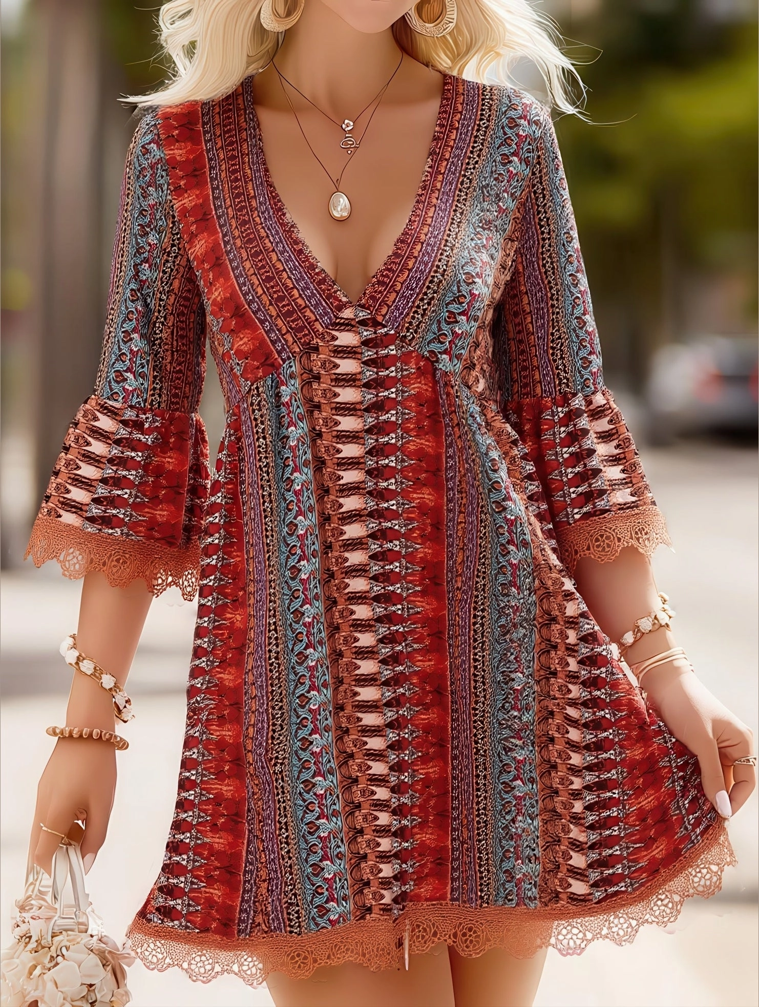 Statement Neck Maximalist-Trend Women's V-Neck Ethnic Print Loose Short Dress ??Bohemian Summer Casual Dress