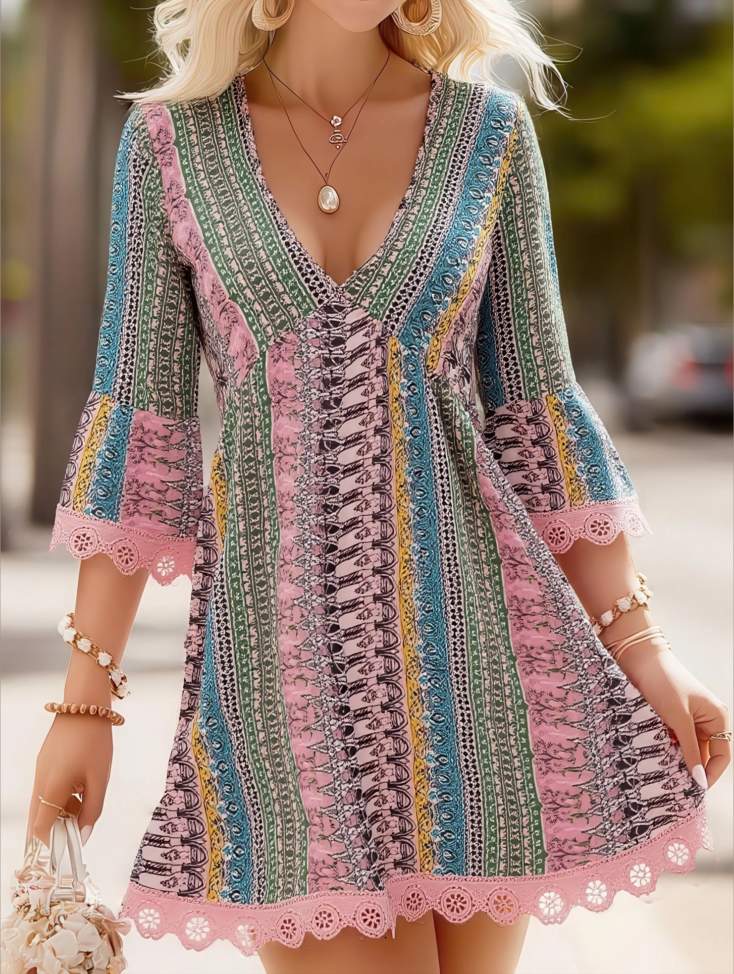 Women's V-Neck Ethnic Print Loose Short Dress ??Bohemian Summer Casual Dress Nature Bloom