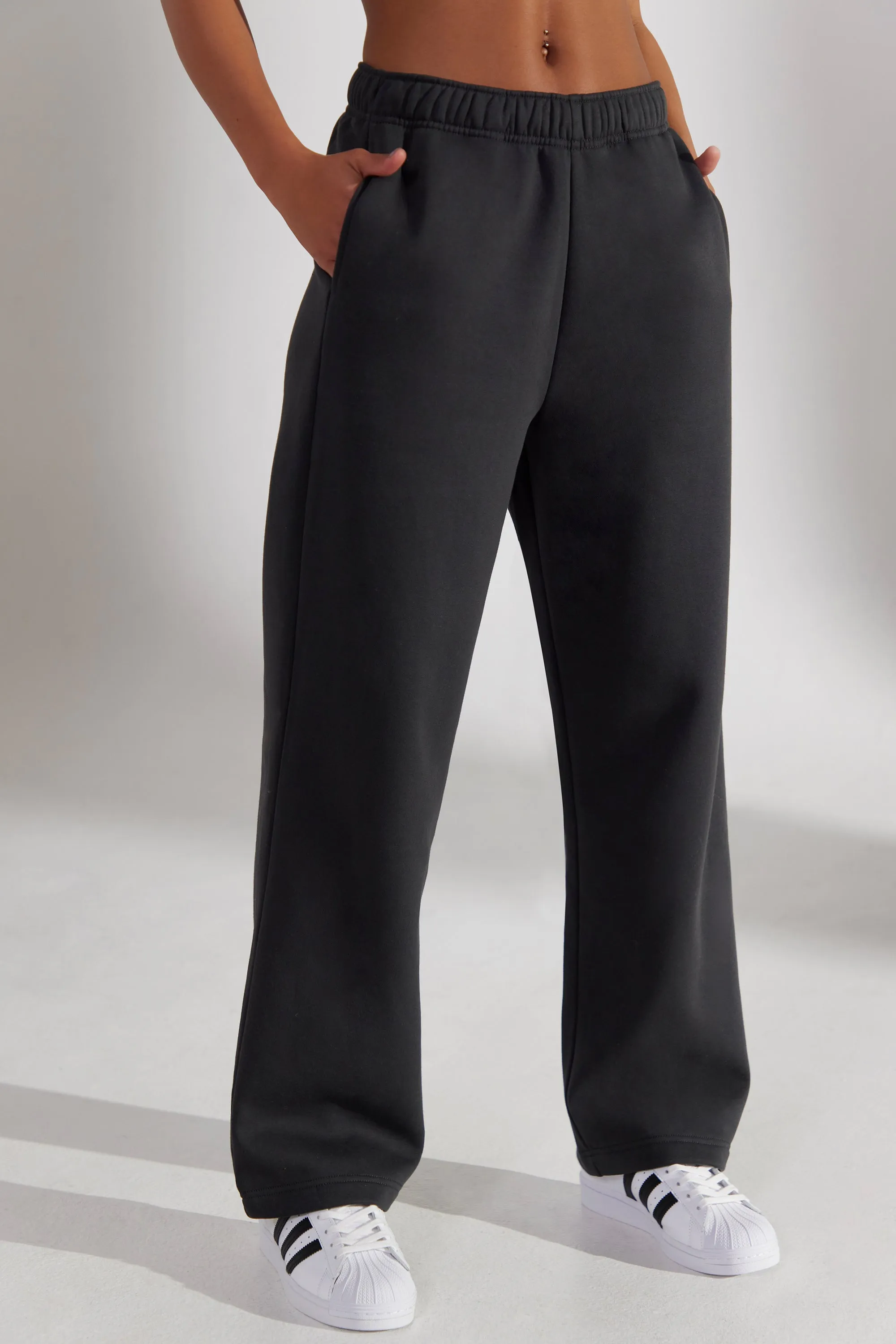 Petite Wide Leg Joggers in Washed Black