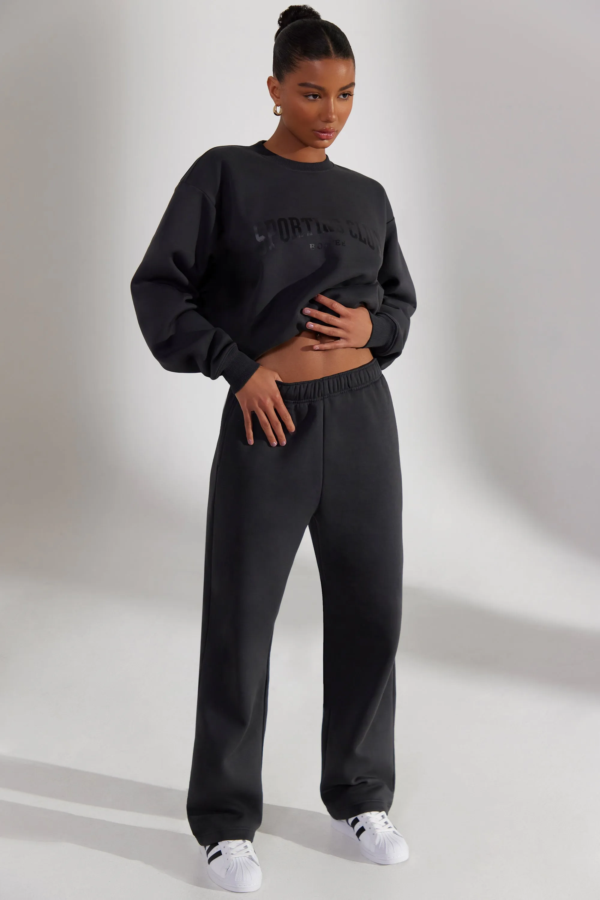 Petite Wide Leg Joggers in Washed Black