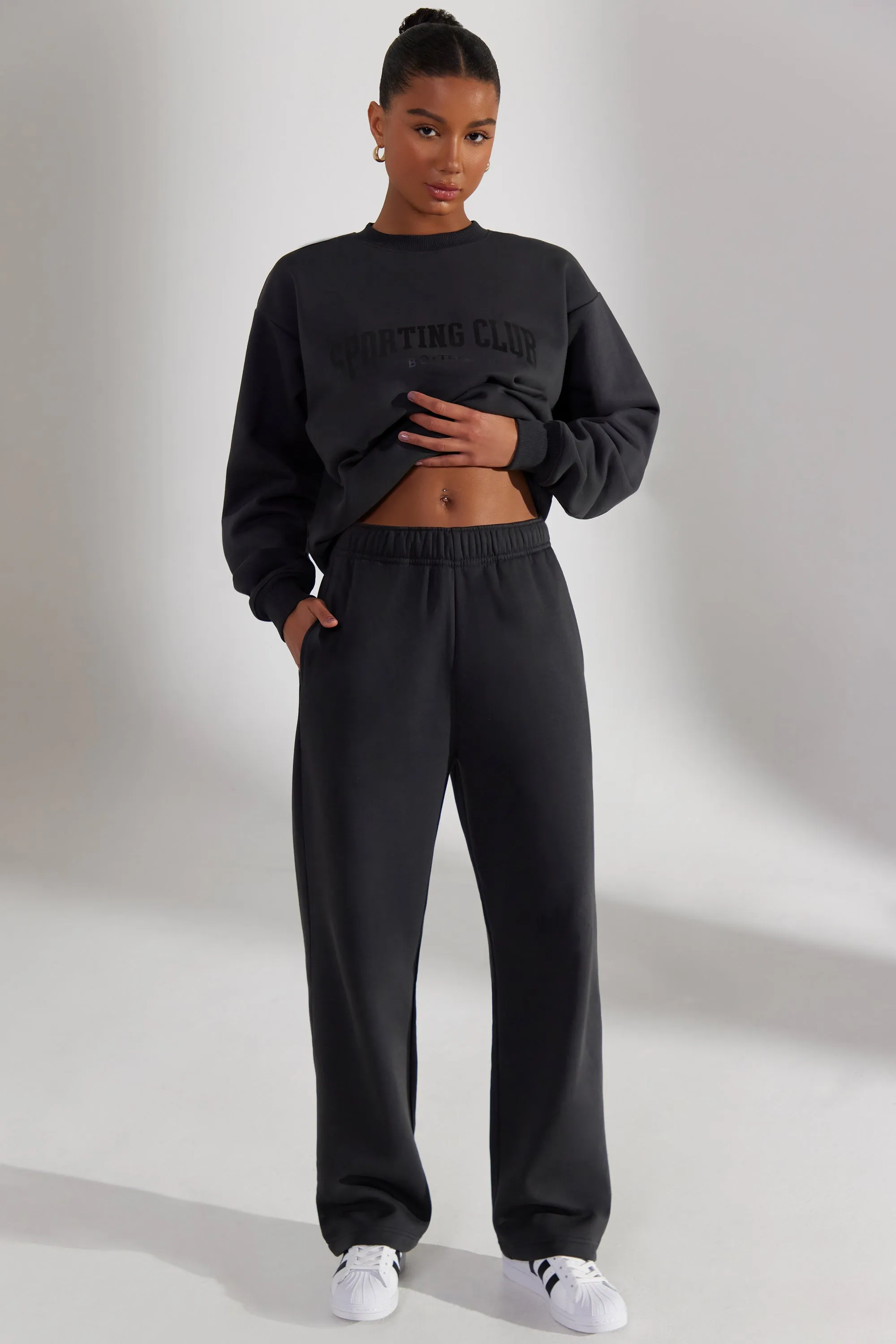Petite Wide Leg Joggers in Washed Black