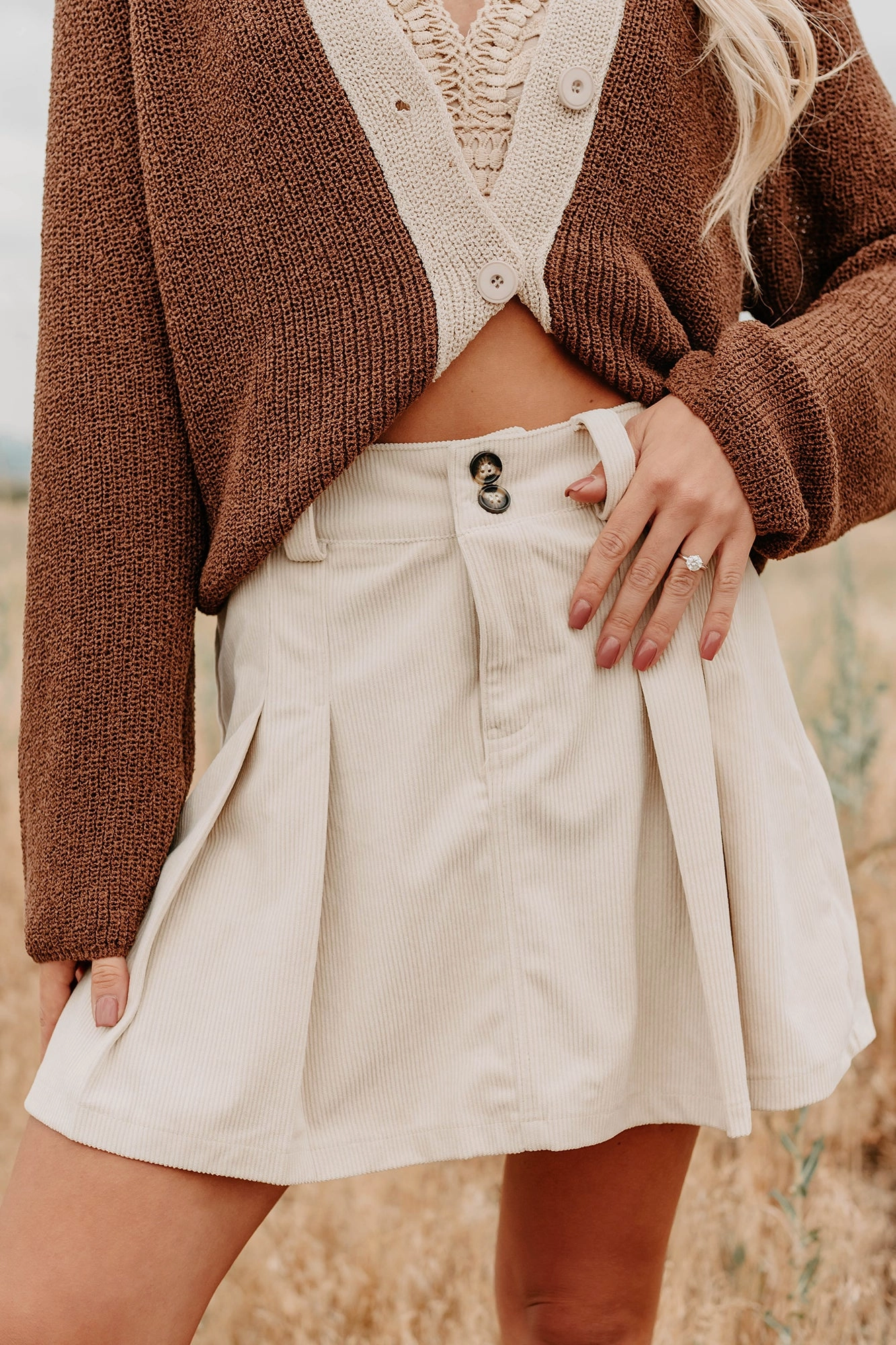 Spring In The Air Corduroy Mini Skirt (Beige) Matching Belt Quiet Style