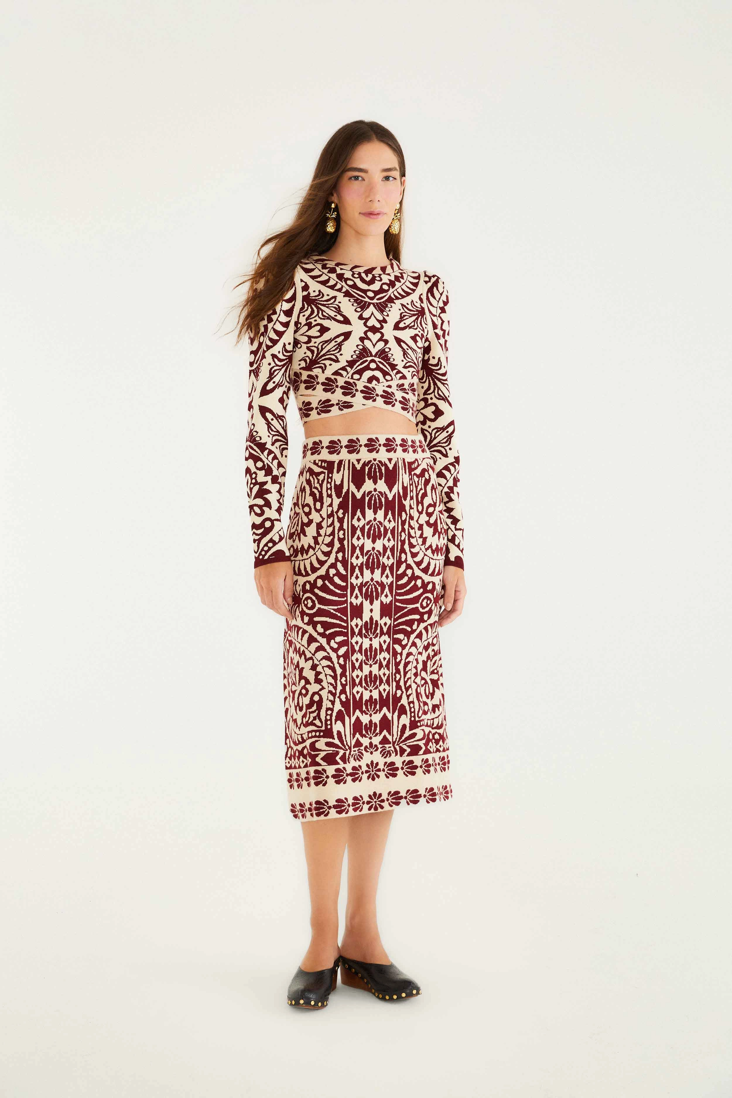 Vibrant Touch personalized option Pineapple Love Knit Midi Skirt in Burgundy