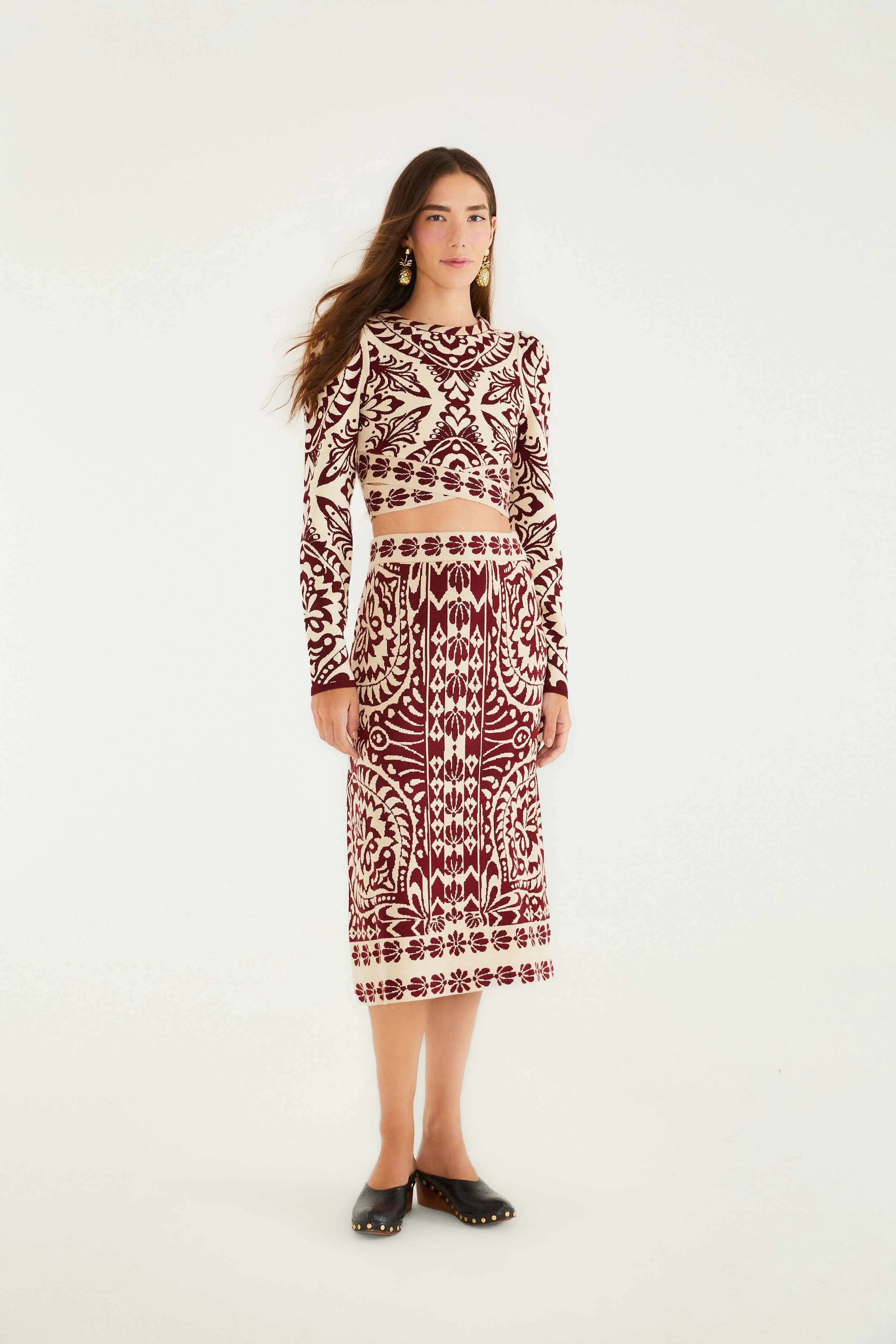 Pineapple Love Knit Midi Skirt in Burgundy Hip Skimming Modern Details