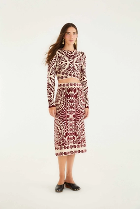 Pineapple Love Knit Midi Skirt in Burgundy Hip Skimming Modern Details