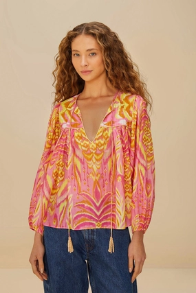 Pineapple Tapestry Blouse Pink Sleeveless Top Flatlock Seam Technology
