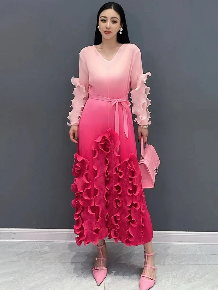 Pink Floral Gradient Midi Dress - Elegant Style