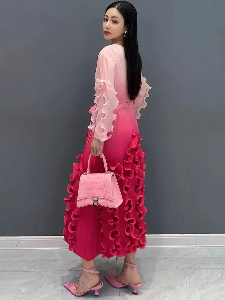 Pink Floral Gradient Midi Dress - Elegant Style