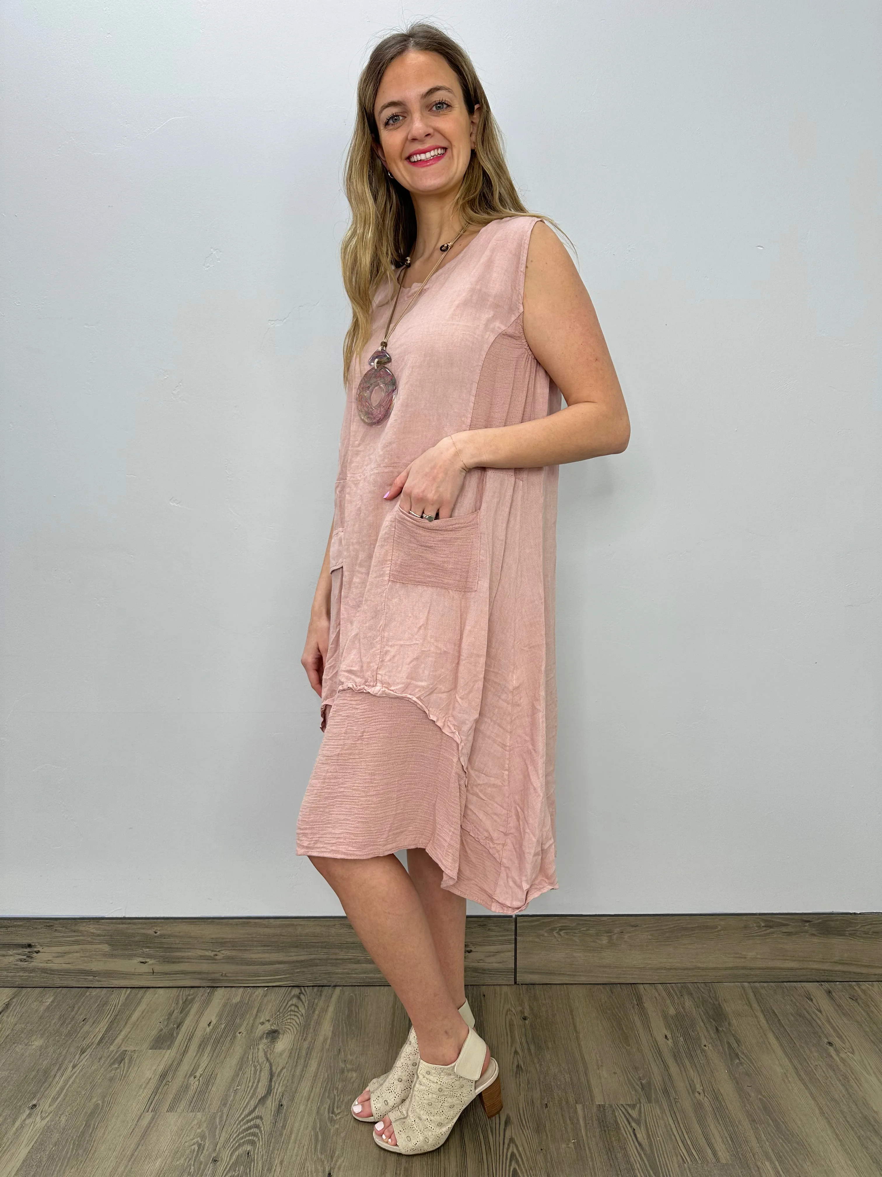 Pink Linen Waffle Weave Accent Dress