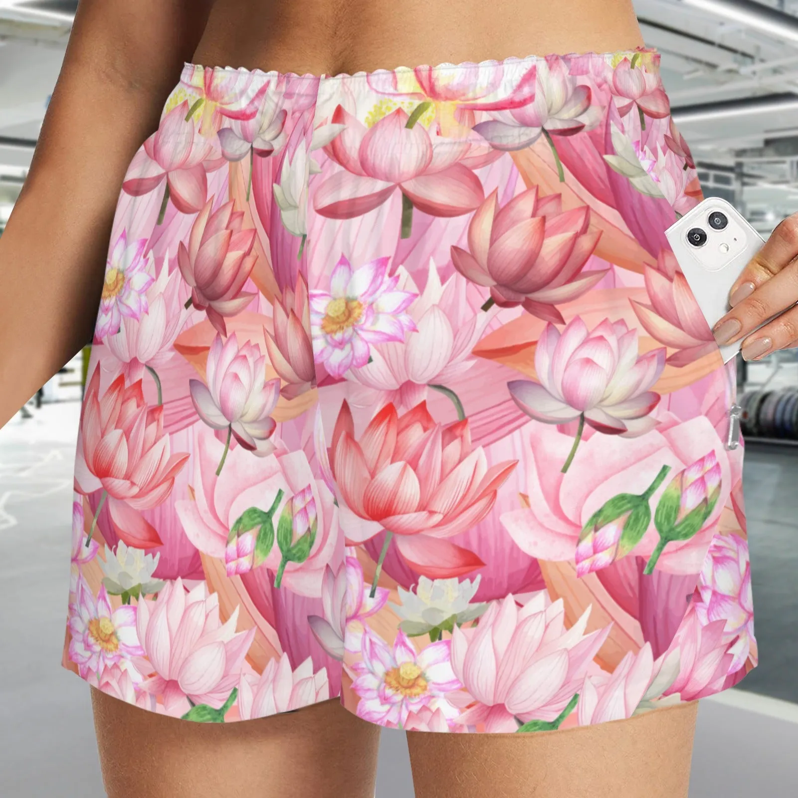 Pink Lotus Art Zip Pocket Shorts up to 5 XL (FWS)