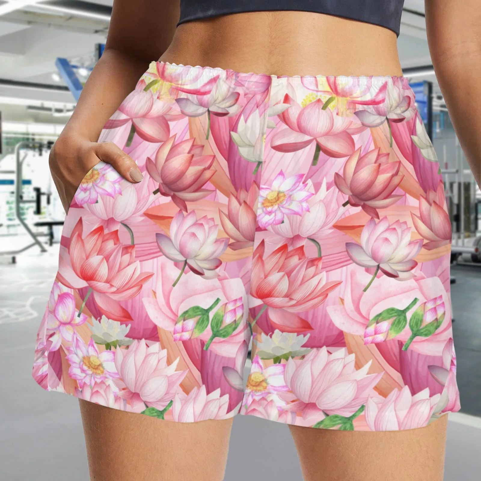 Pink Lotus Art Zip Pocket Shorts up to 5 XL (FWS)