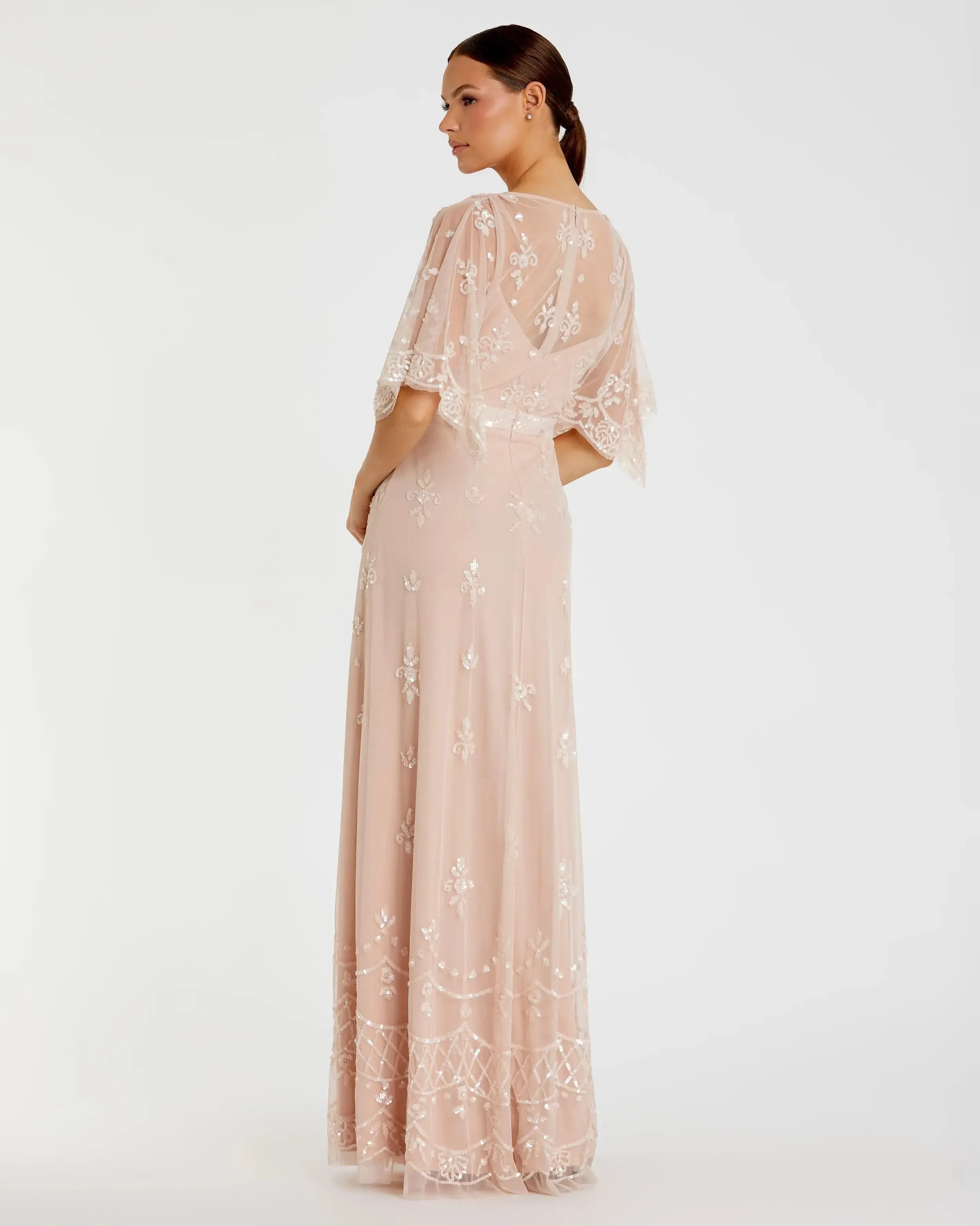 Pink V Neck Flounce Sleeve Embellished Mesh Gown