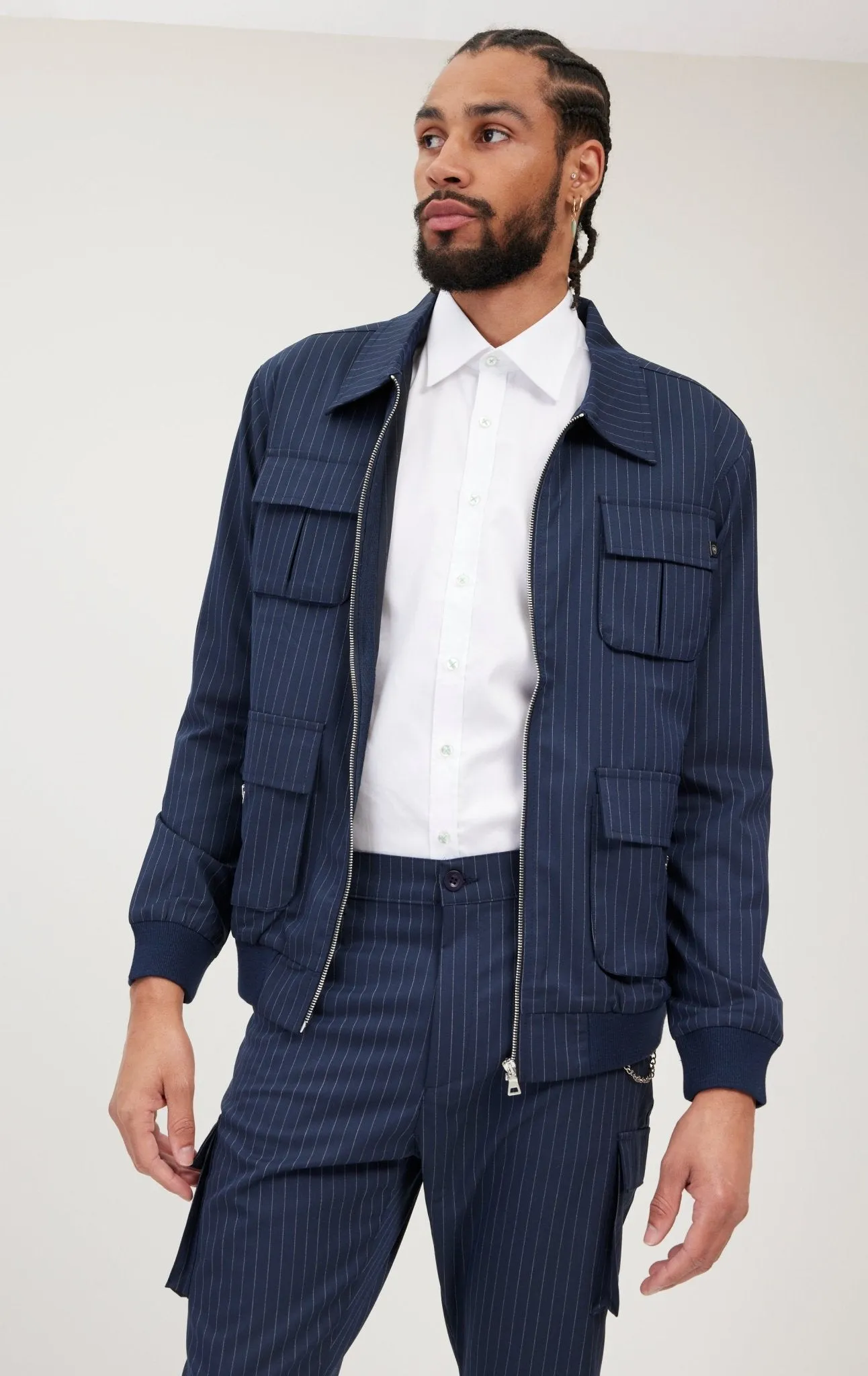 Pinstriped Utility Bomber Jacket - Navy White