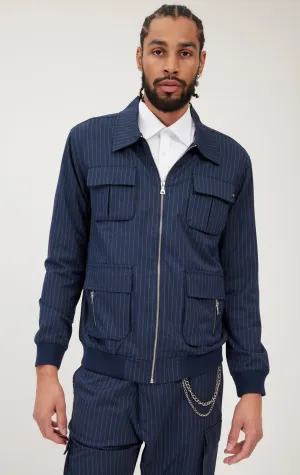 Pinstriped Utility Bomber Jacket - Navy White