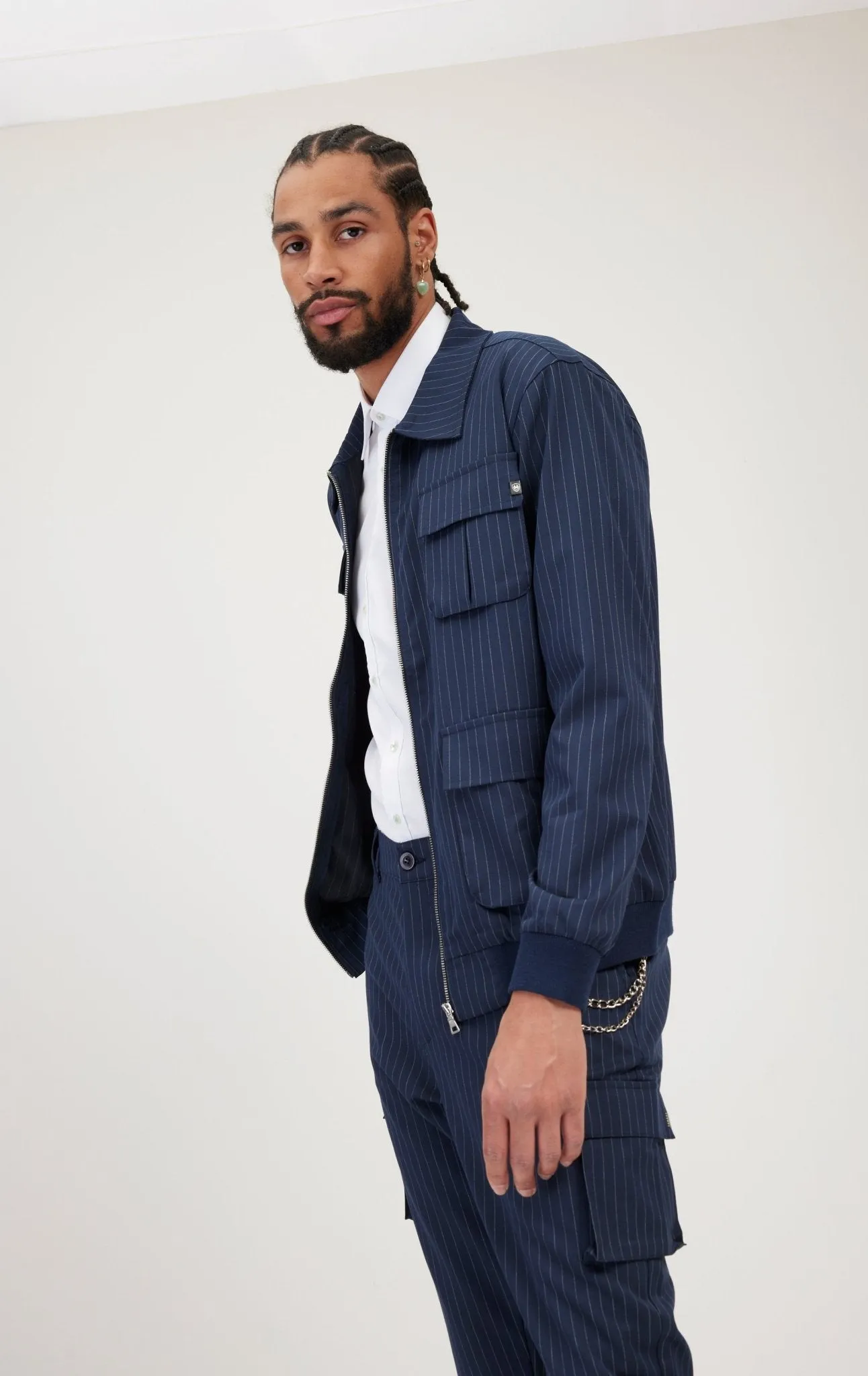 Pinstriped Utility Bomber Jacket - Navy White