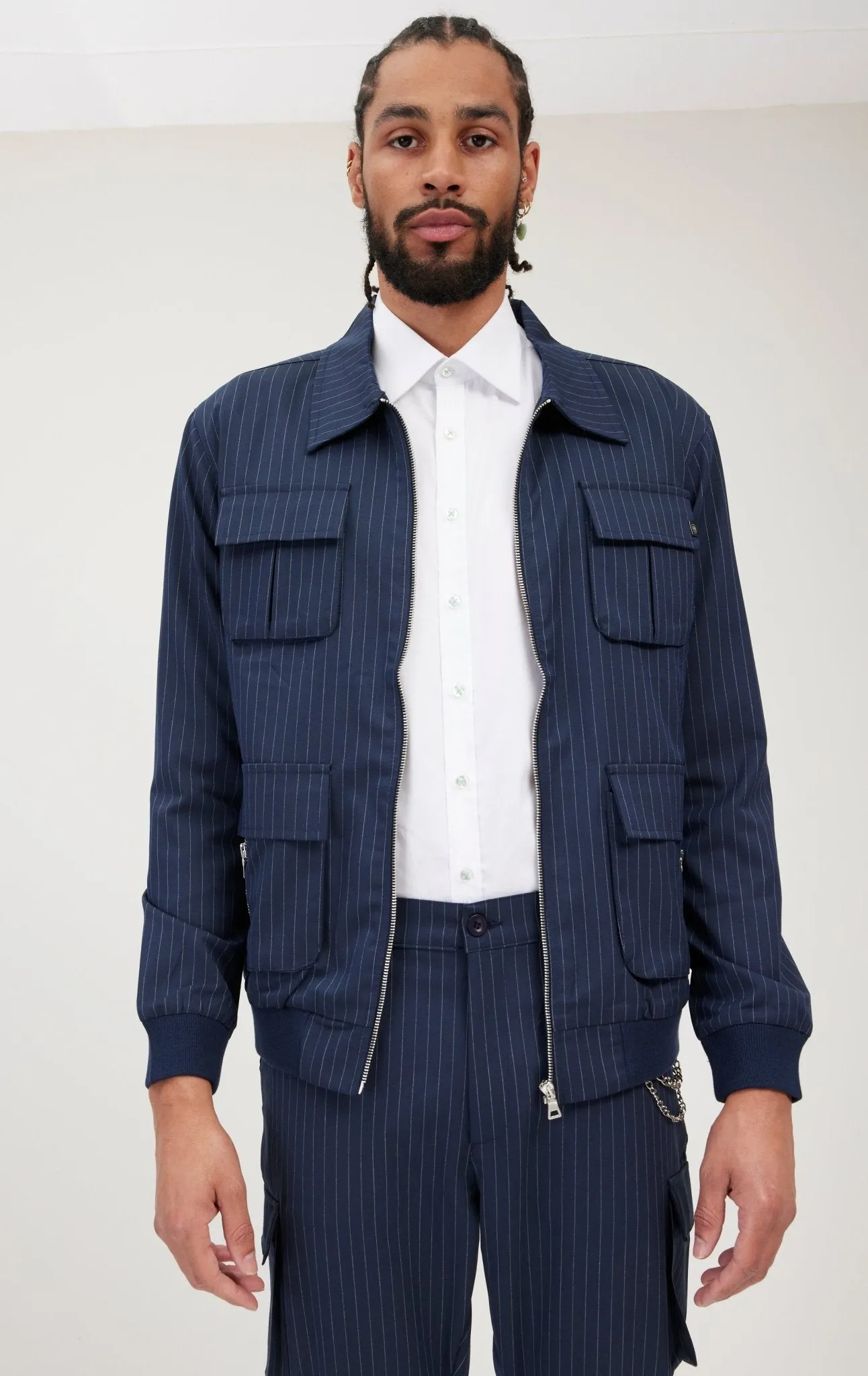 Pinstriped Utility Bomber Jacket - Navy White