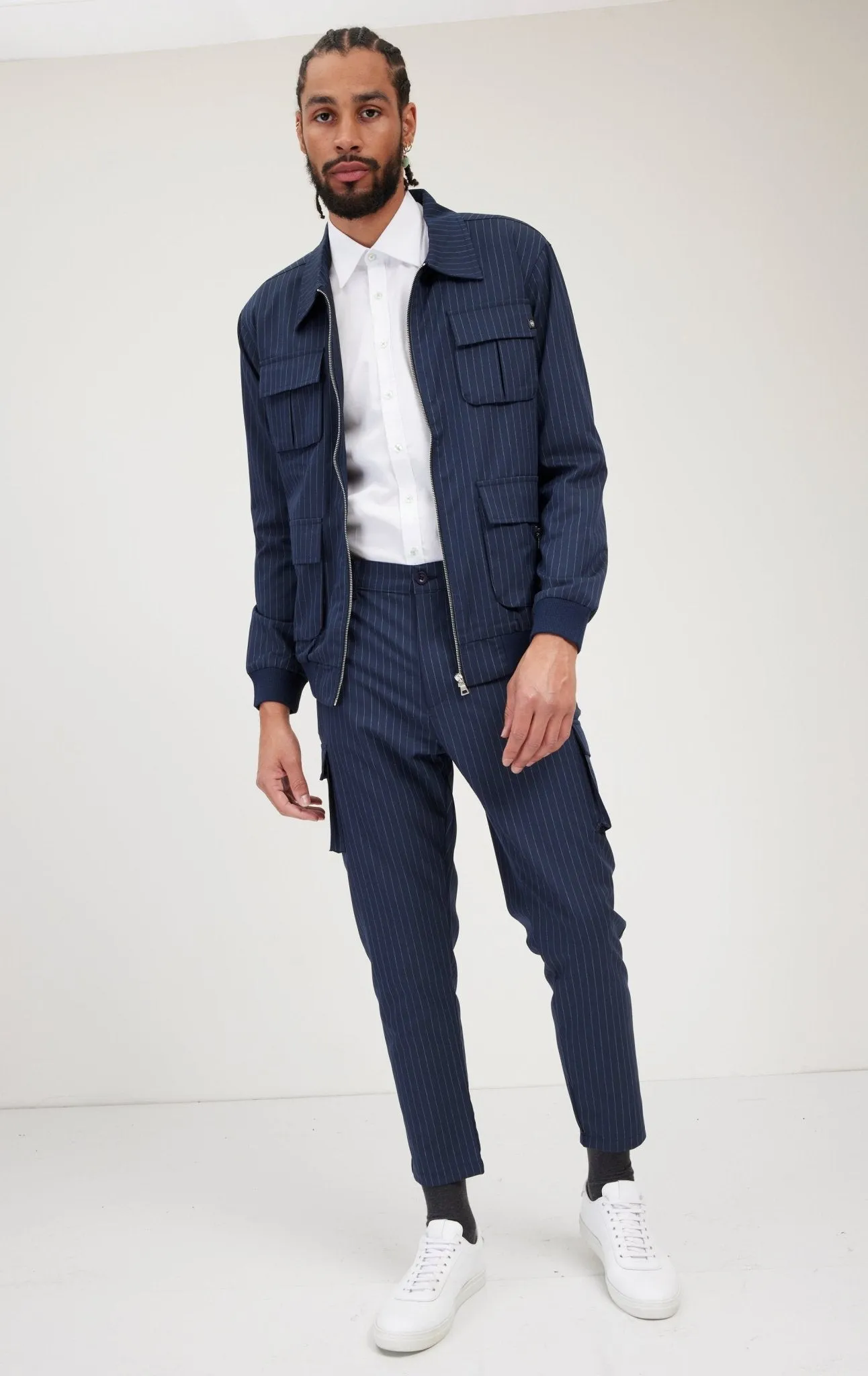 Pinstriped Utility Bomber Jacket - Navy White