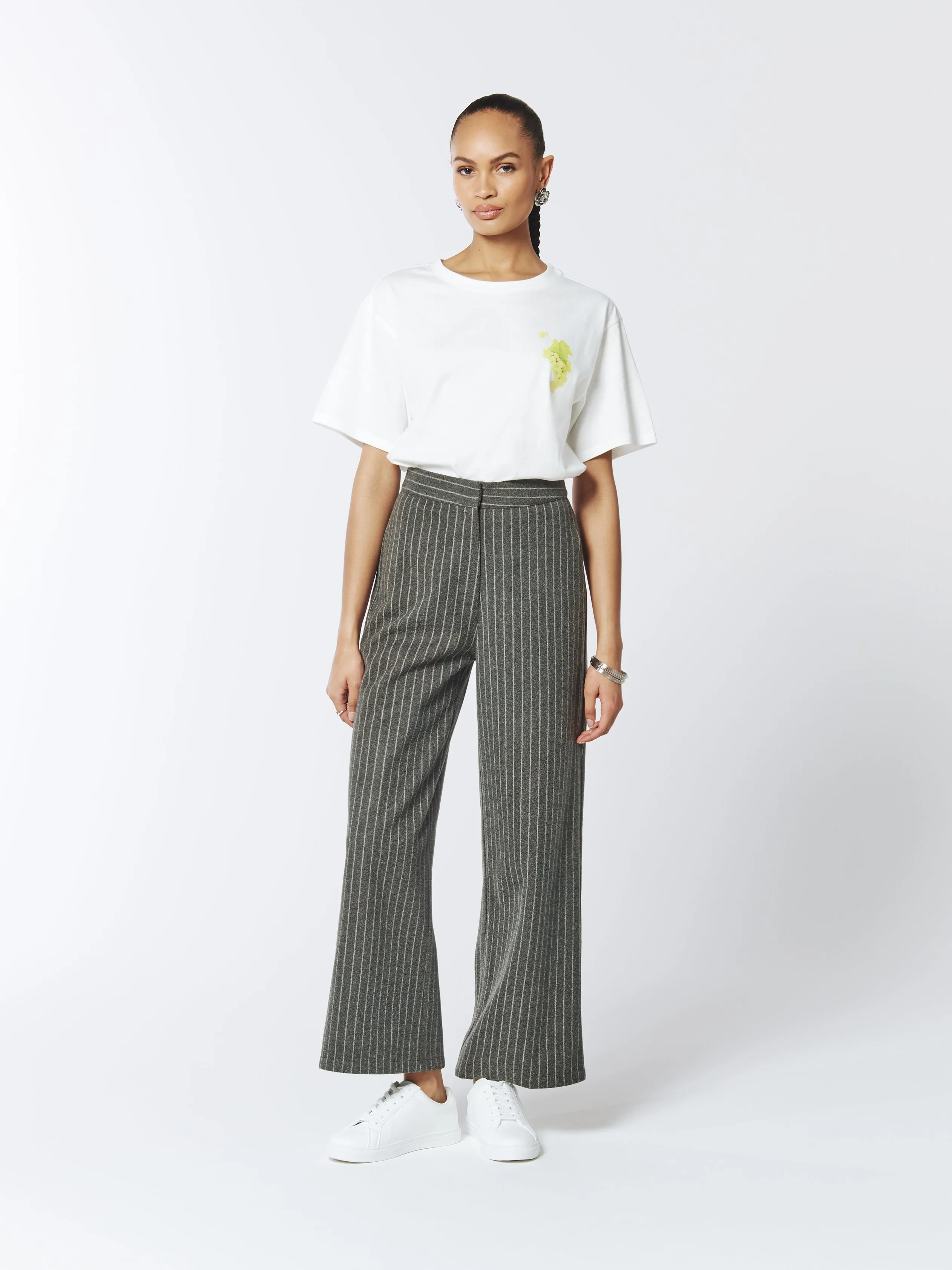 Pinstriped Wide-leg Trousers in Grey