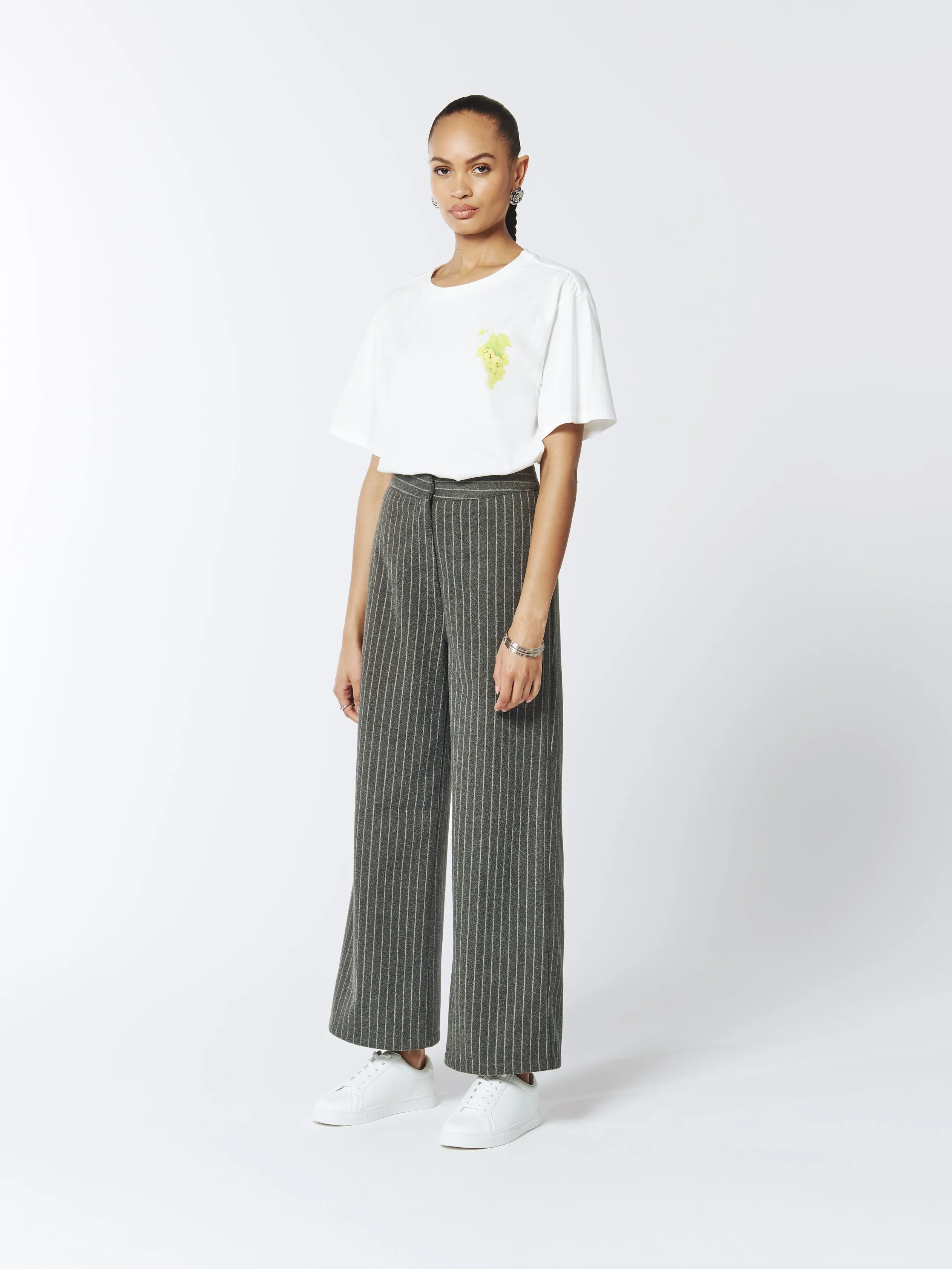 Pinstriped Wide-leg Trousers in Grey