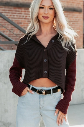 Dream Mirage Contrast Sleeve Cardigan Sweater (Espresso) Cozy Blouse